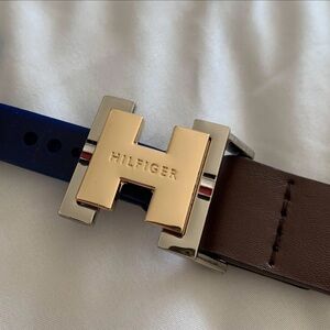 Tommy Hilfiger Burgundy Vegan Leather Belt with Gold Buckle